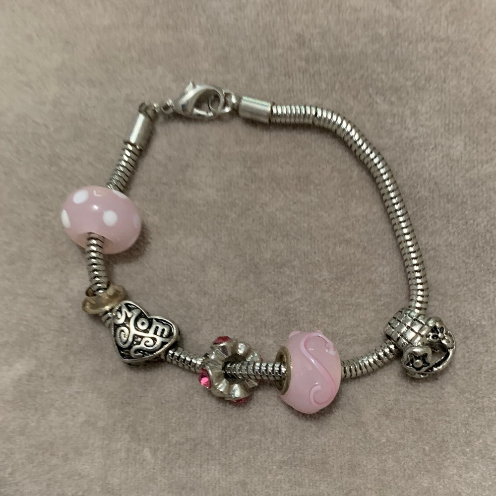 Chic Silver charm Bracelet with Pink Accents
